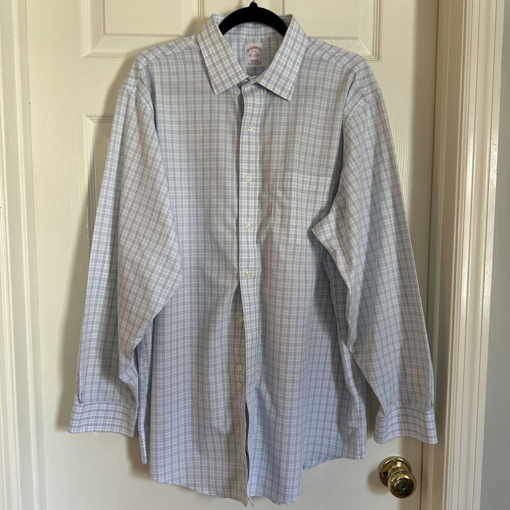Mens XL Brooks Brothers 1818 Button Up Shirt Blue Plaid Regular Fit No Iron